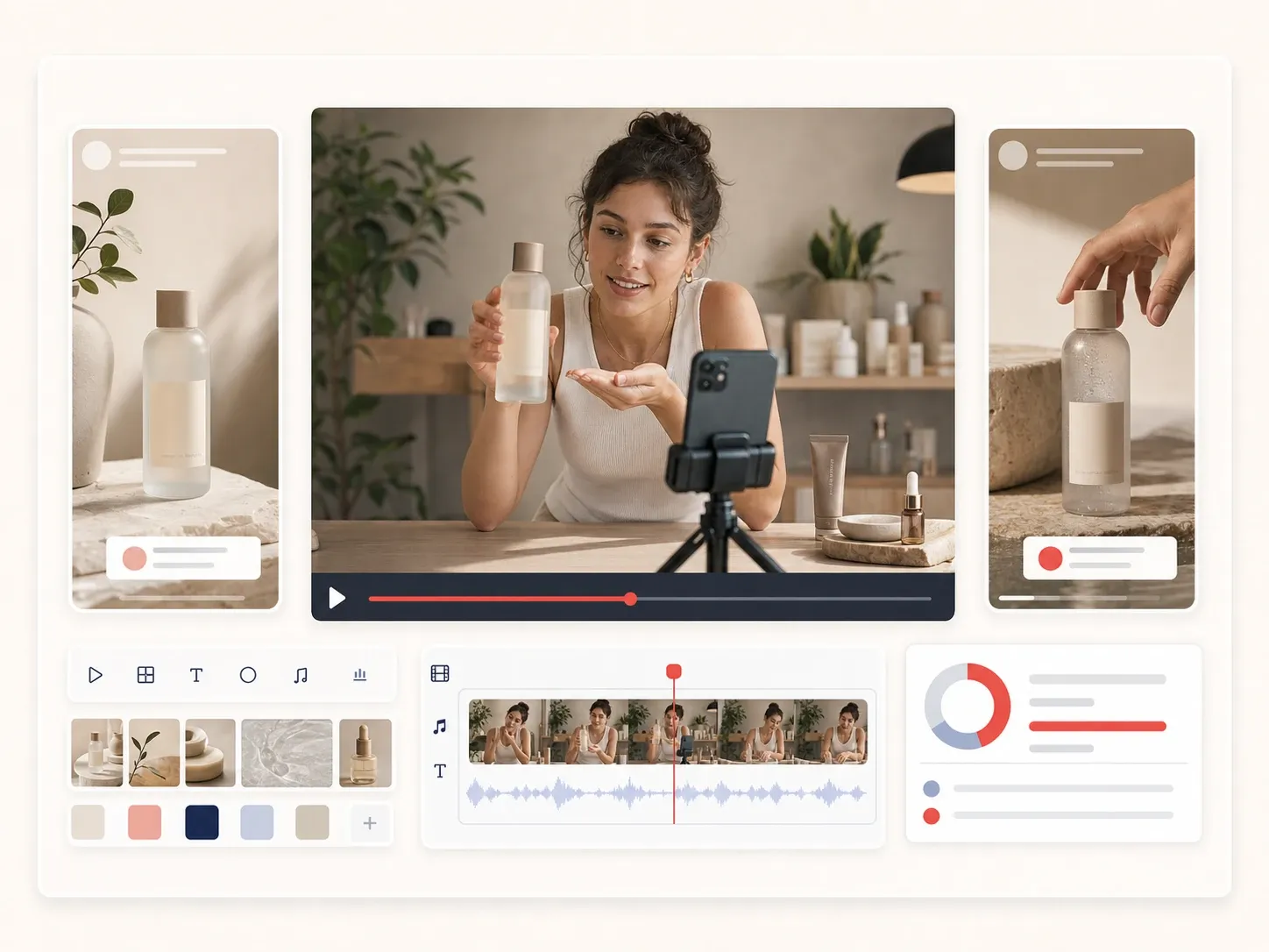 Eine Creatorin produziert ein Produktvideo; zwei weitere Creative-Ausschnitte, Schnittmaterial und eine reduzierte Kampagnenauswertung rahmen die Szene.